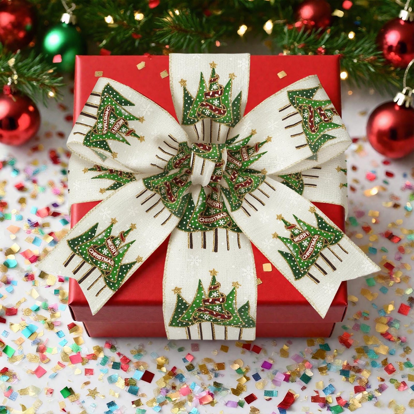 Threetols 2 Rolls 10 Yards Christmas Wired Edge Ribbons, 2.5inch Green Red Stripe Velvet Ribbons, Glitter Christmas Tree Snowflake Ribbon for Winter Xmas Party DIY Craft Wreath Bow Decor