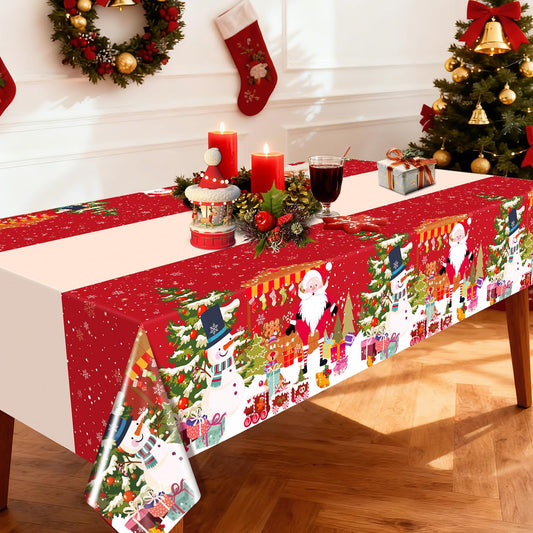 CartaChic Christmas Tablecloth Disposable 3 Pack – 54 x 108 Inch Red Plastic Christmas Snowman Table Cloth for Rectangle Tables，Xmas Decor Holiday Party Supplies