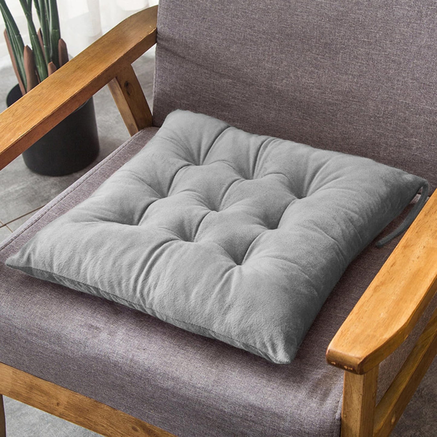 MissSoul 2 Pack Square Seat Cushion Chair Pads for Kitchen Dining Chairs, Soft Comfort Velvet Chair Mat Pillow Cushions with Ties for Office Desk Living Room Tatami 15.5", Gray
