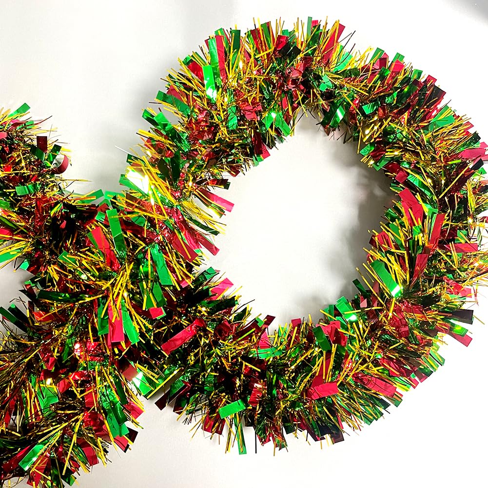 Christmas Tinsel Garland - 33 Ft Shiny Metallic Tree Winter Xmas Garland Glitter Tinsel Hanging Twist Hanging Decorations for Christmas Party Holiday Supplies （Gold Red Green）