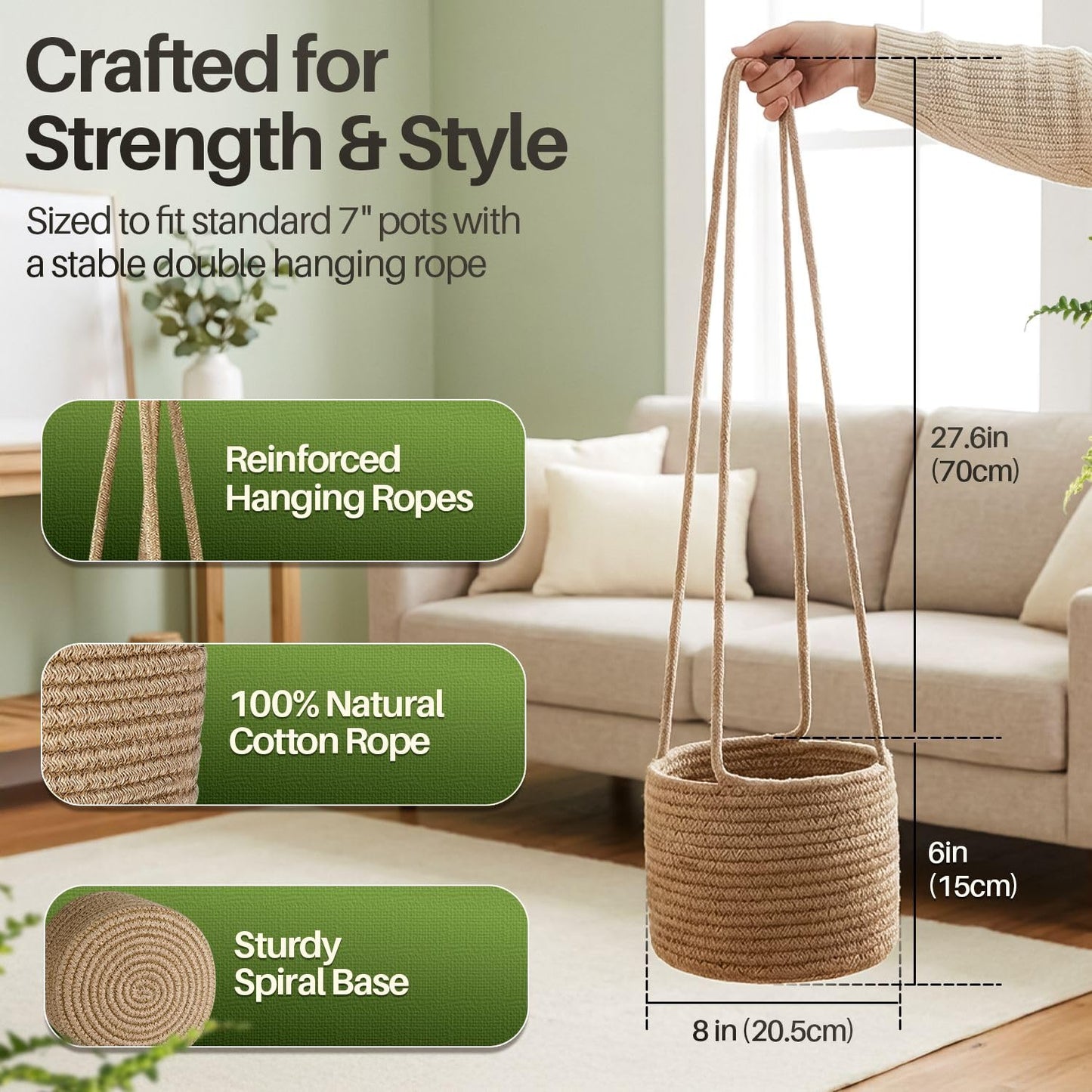 Flexzion Macrame Plant Hanger Basket for Indoor Plants - 8 Inch Jute Rope Planter Pot Cover, Woven Hanging Plant Holder Up to 7 Inch Pots, Boho Hanging Planters Home Decor Storage Organizer (Brown)