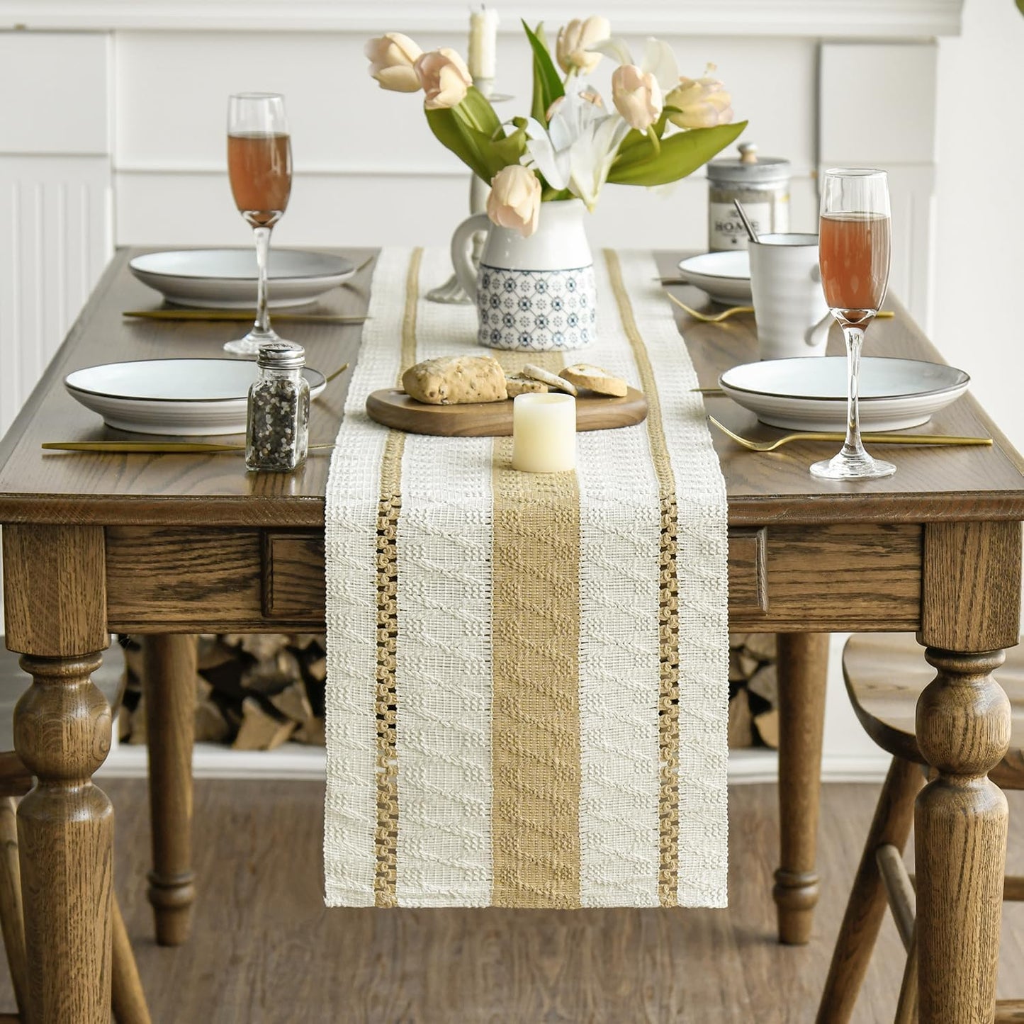 Artoid Mode Burlap Brown Farmhouse Woven Rustic Table Runner, Seasonal Holiday Hollow Kitchen Dining Table Decoration for Home Party Decor 12x72 Inch