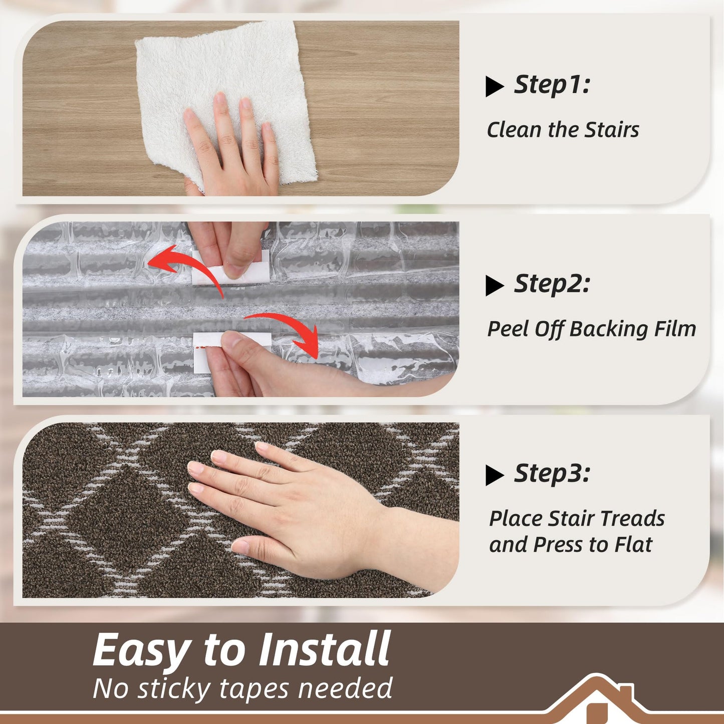 BEQHAUSE Stair Treads Non Slip Stair Runners for Wooden Steps Machine Washable Stair Rugs Soft Polyester Stair Runner Mats for Dogs Kids Brown Carpet Stair Treads,4PCS
