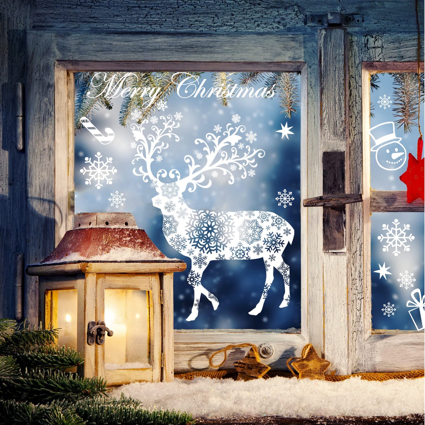 ONDY Christmas Snowflake Window Cling Stickers for Glass, Xmas Decals Decorations Holiday Snowflake Santa Claus Reindeer Decals for Party, Christmas No Glue Static Stickers for Glass Windows