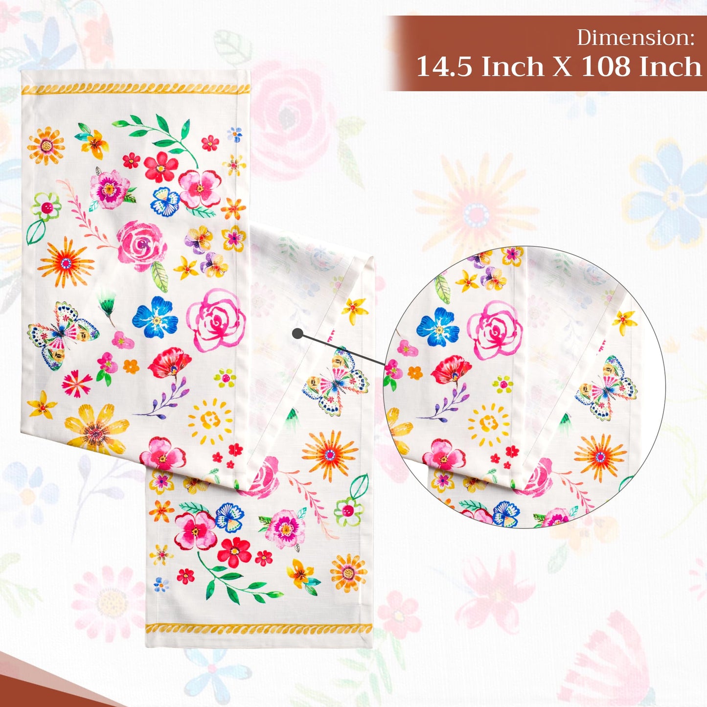 Maison d' Hermine Table Runner 100% Cotton Single Layer Table Runners 108 inches Long Decorative for Home Kitchen Dining Party Gifts for Mothers Day Spring Summer (Happy Florals - Sweety)