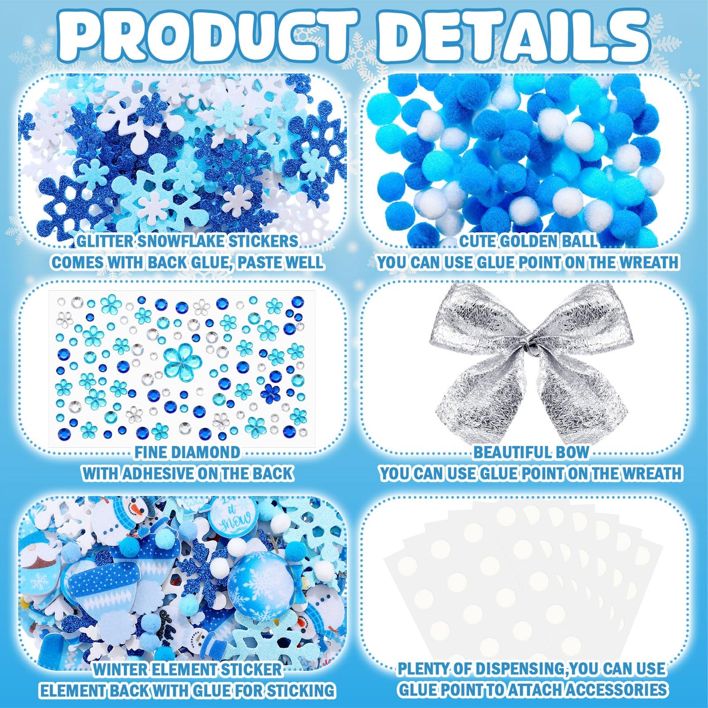 Moucuny 620/600 Pcs Winter Wreath Craft Kits DIY Snowman Christmas Wreath Crafts Kits Xmas Winter Home Decorations for Party Favors(Let It Snow,Dark Blue, Light Blue, White, Gray)