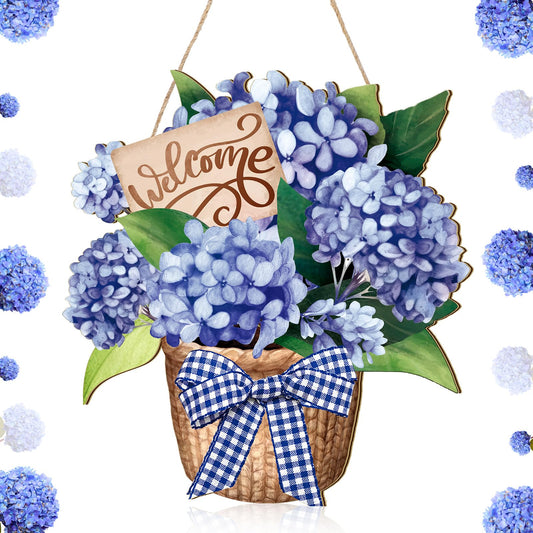 Barydat Spring Door Decorations Blue Hydrangea Wreaths Sign Flowers Spring Door Hanger Rustic Wooden Easter Welcome Hanging Wreath Decorations for Summer Front Indoor Home Porch Wall Windows