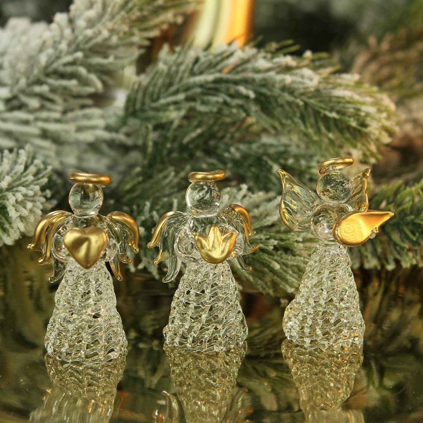 MAFAGE Christmas Angel Ornaments Set, 12 PCS Spun Glass Ornaments with Star/Heart/Praying Hands, Clear Angel Figurine Christmas Tree Pendants for Xmas Season Decor