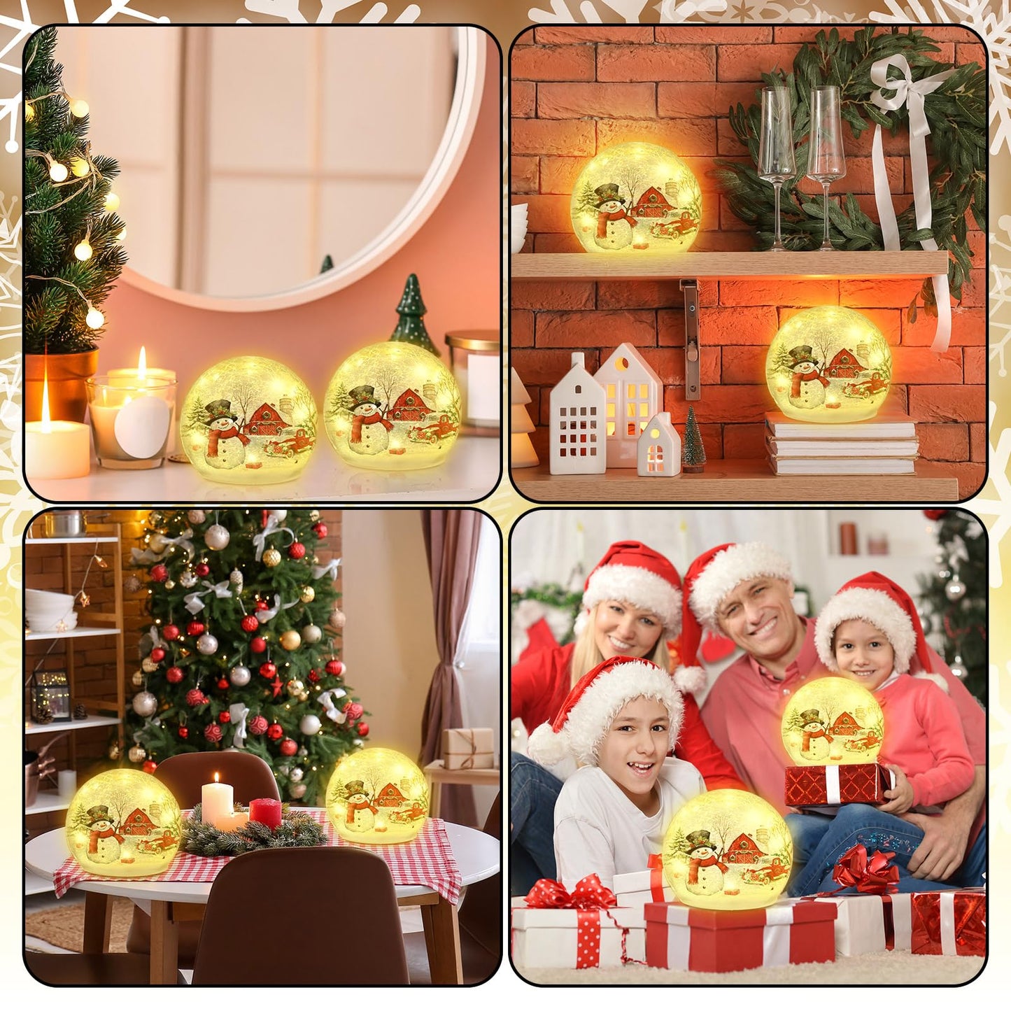 Tujoe 2 Pcs Christmas Decorations Indoor Snowman Crackle Glass Globe 4" Ball Lamp Night Lights with LED Timer Battery Operated Lighted Christmas Table Decorations for Home Centerpiece Party Gift