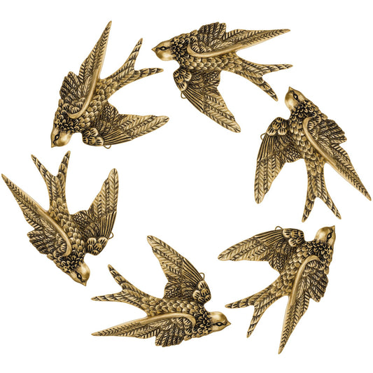 6 Pcs Vintage Bird Wall Sculpture Decor Art 4.7 Inch Antique 3D Sculpted Hanging Bird Resin Wall Art Golden Brass Floating Ornament for Living Room Garden Outdoor, Gifts for Couples Housewarming