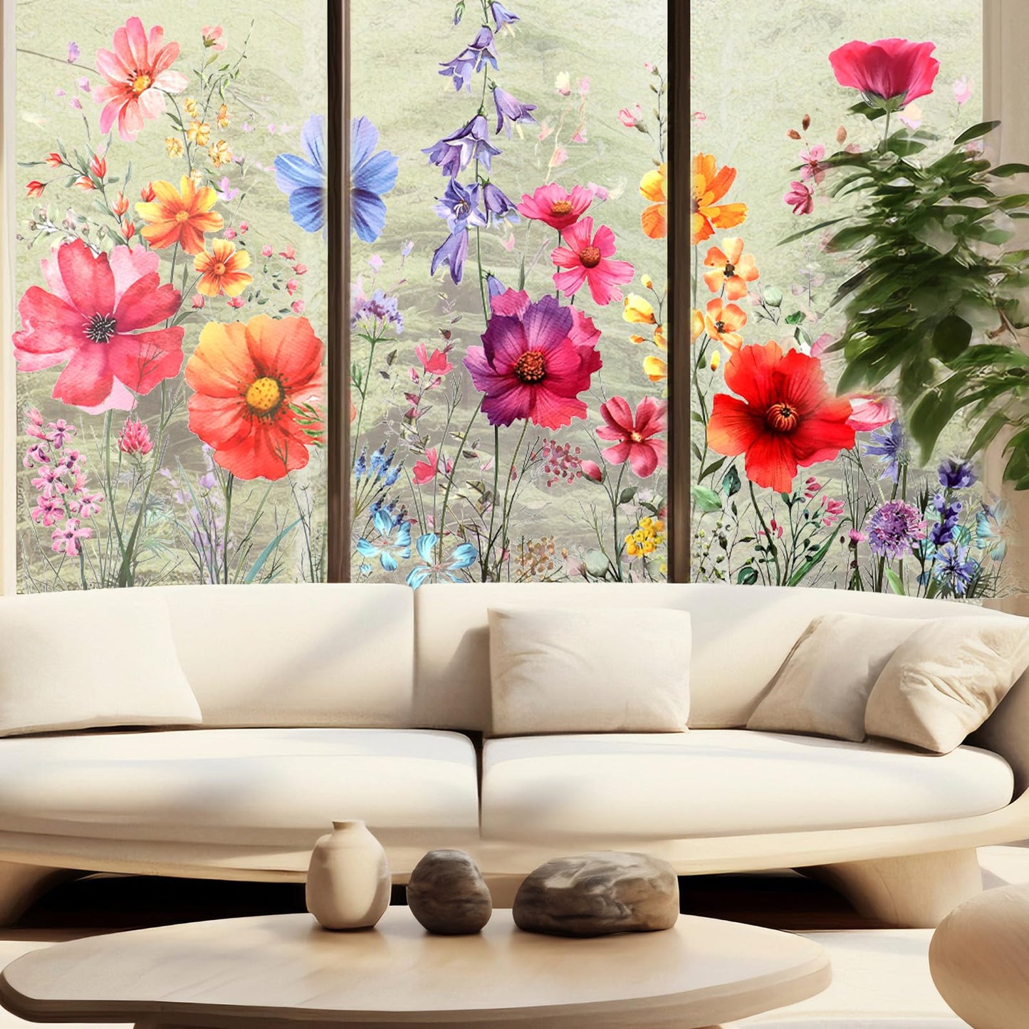 DOPENSPI Flower Window Sticker, Double Sided Wildflower Grass Wall Decals Flower Windows Clings for Glass Windows Cut Freely Floral Window Stickers for Home Office Decor