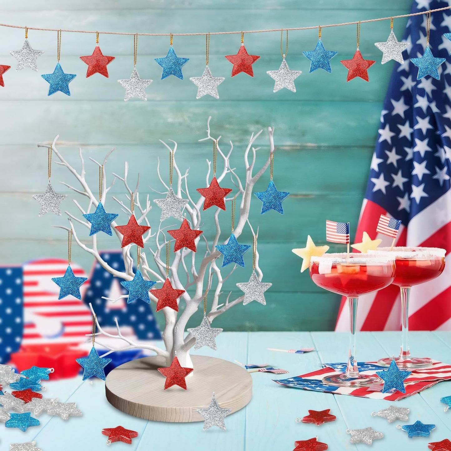 DTOFOOT 48PCS Mini Resin Patriotic Star Ornaments 4th of July Hanging Pendants for Small Tree Glitter Blue Red Star Charms with String for Memorial Day Independence Day 250th Anniversary Party Decor