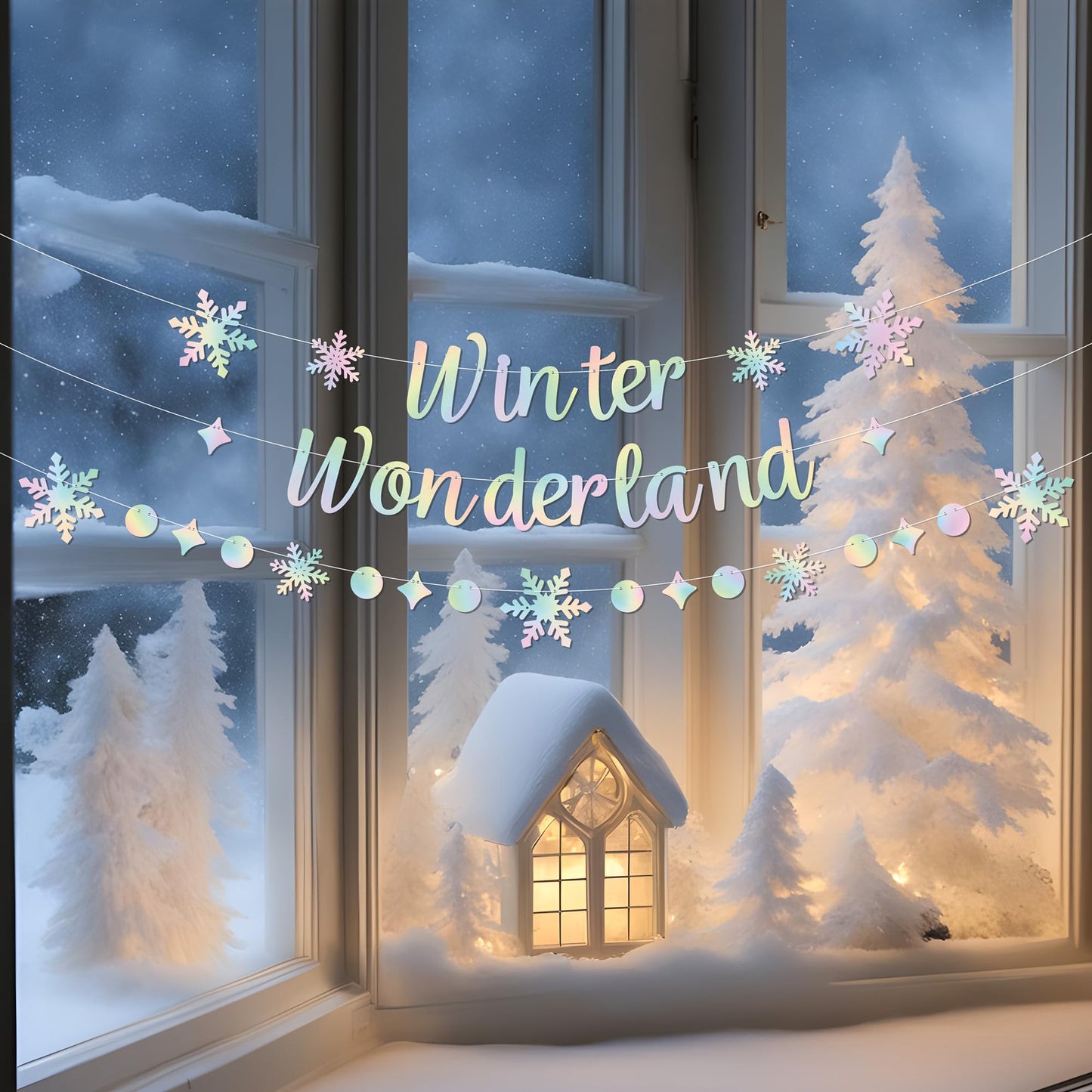 Holographic Winter Wonderland Banner, Iridescent Snowflake Garland Banner for Christmas Decoration
