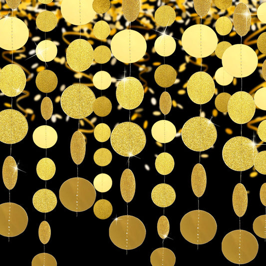 Syhood 10 Pcs Party Decorations Paper Dot Circle Garlands Glitter Streamers Hanging Banner Decor for Graduation Baby Shower Wedding Birthday Backdrop Supplies (Gold)