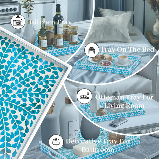 MAONAME Blue Decorative Tray, Plastic Serving Tray with Handles, Leaf Pattern Sticker Trays, Rectangular Trays for Living Room, 15.7" X 10.2" X 1.57"