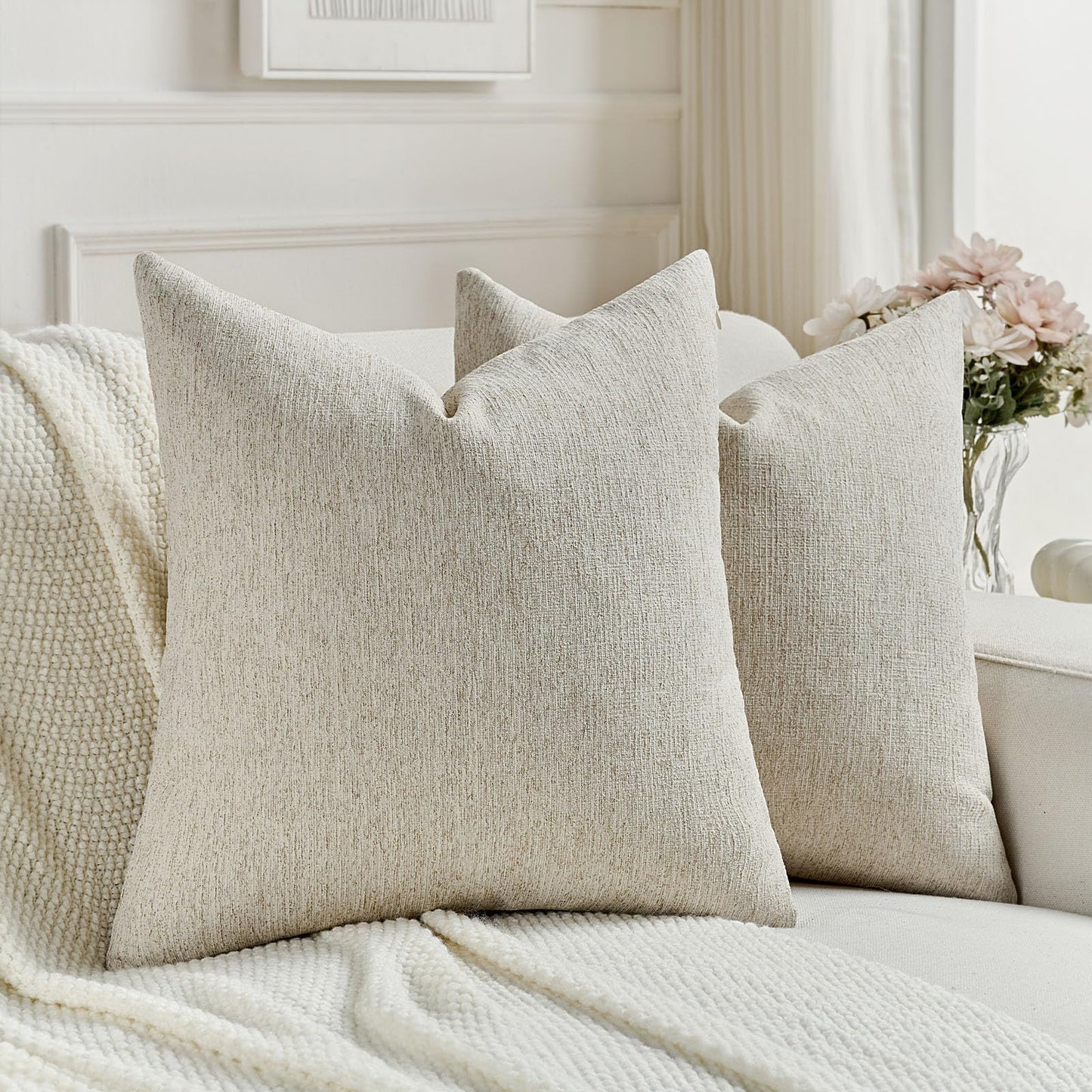 FUTEI Natural Linen Chenille Decorative Throw Pillow Covers 18x18 Inch Set of 2,Soft Cozy Faux Linen Textured Cushion Case,Farmhouse Home Decor for Couch Living Room