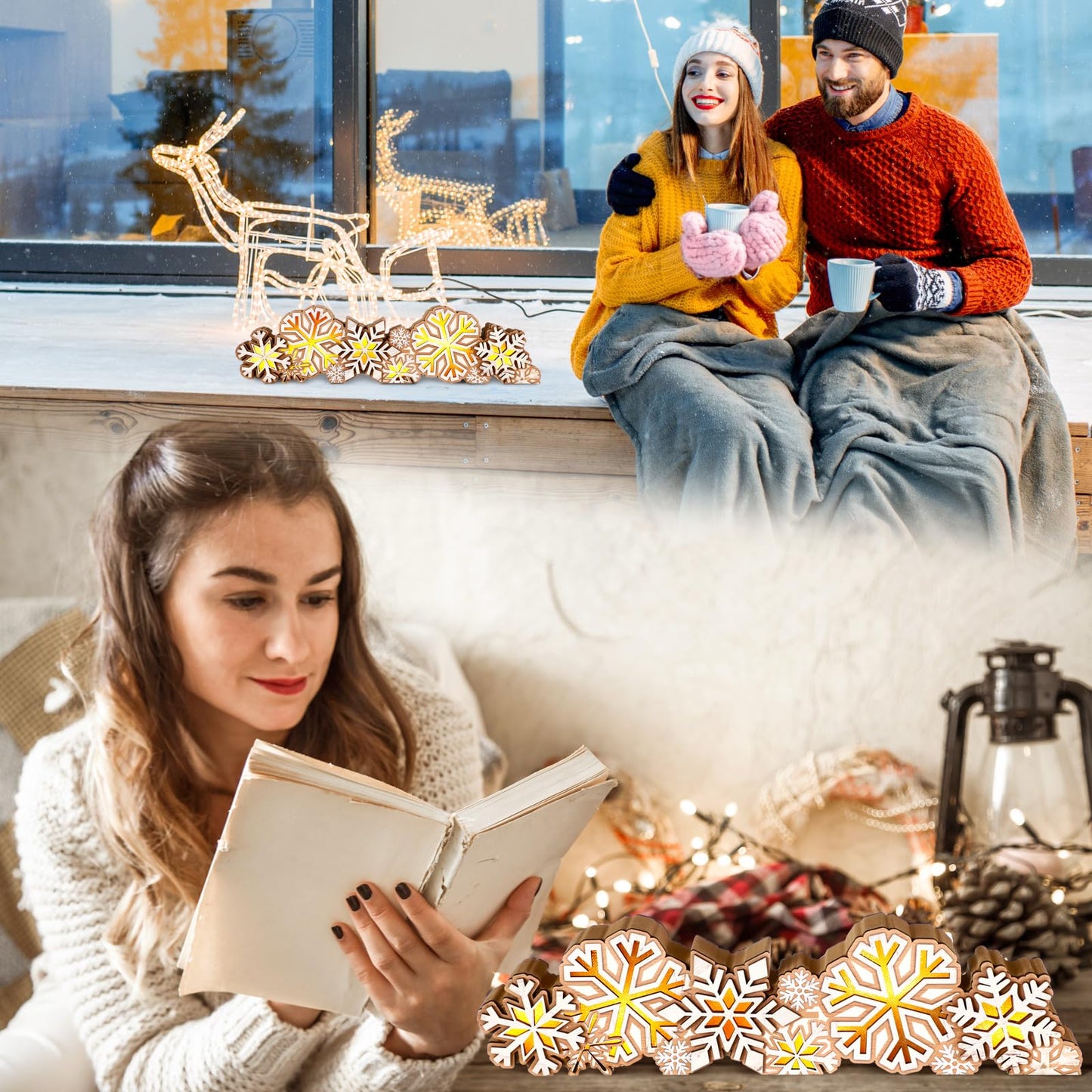Glooglitter Winter Snowflake Wooden Tabletop Decoration Winter Sign LED Snowflake Centerpiece Wood Plaque Free Standing Wood Sign for Xmas Table Party 13.8 x 3.5 Inch