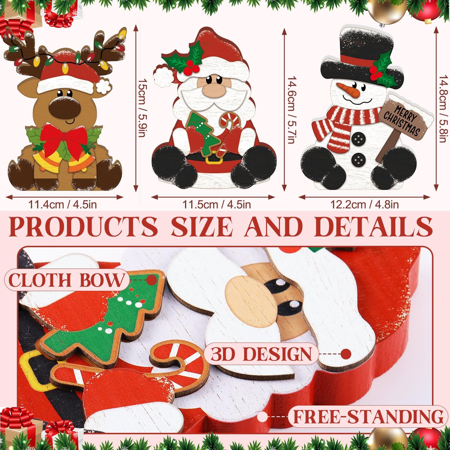 GlikCeil 3 Pcs Christmas Wooden Table Decorations Snowman Reindeer Santa Claus Centerpiece Block Holiday Wood Tiered Tray Tabletop Sign for Office Dining Room Mantle Home Party Supplies