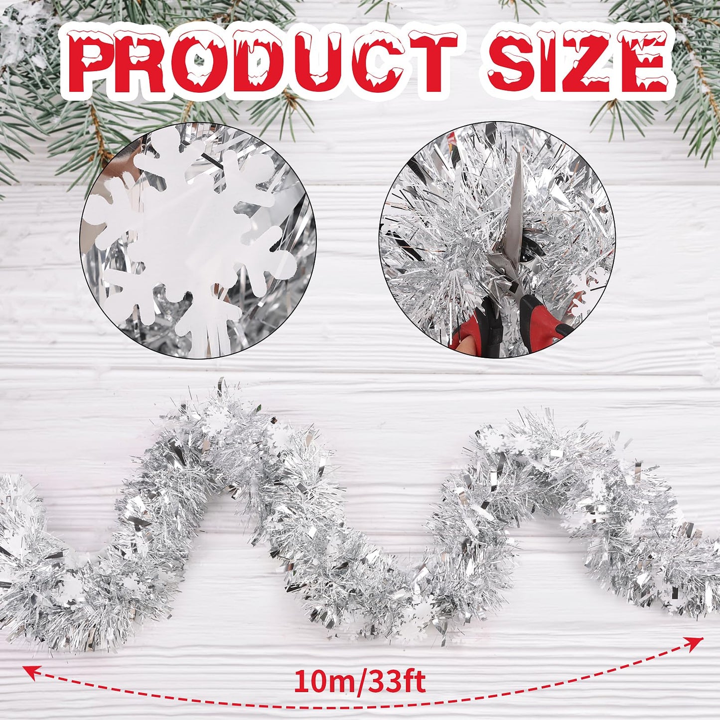 FOIMAS 33 Feet Christmas Tinsel Garland, Metallic Silver Christmas Snowflake Hanging Garland for Xmas Tree Fireplace Home Decoration (Silver)