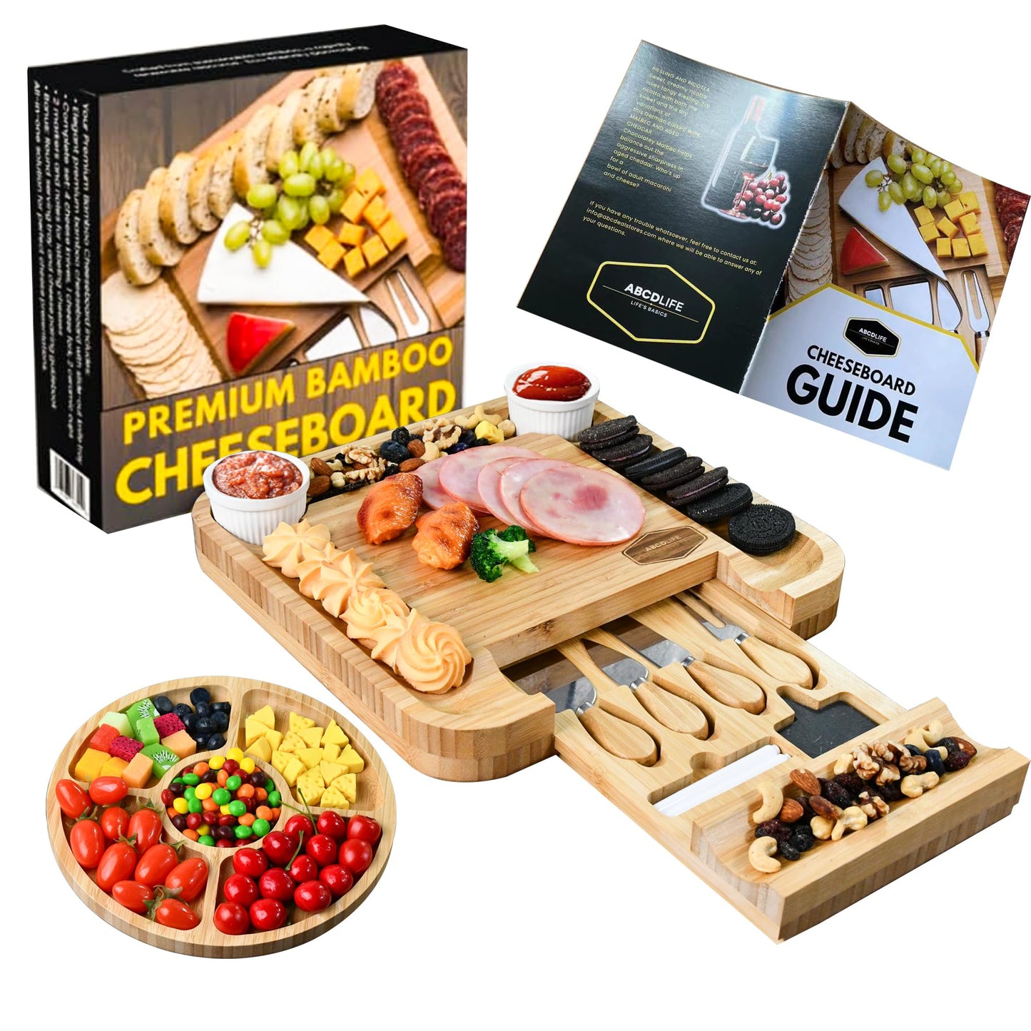 Charcuterie Board Cheese Board Set Portable Serving Platter for Cheese Meat, Fruits & Snacks with 4 Knives, 2 Bowls & Labeling Tool Perfect Housewarming Gifts for Women