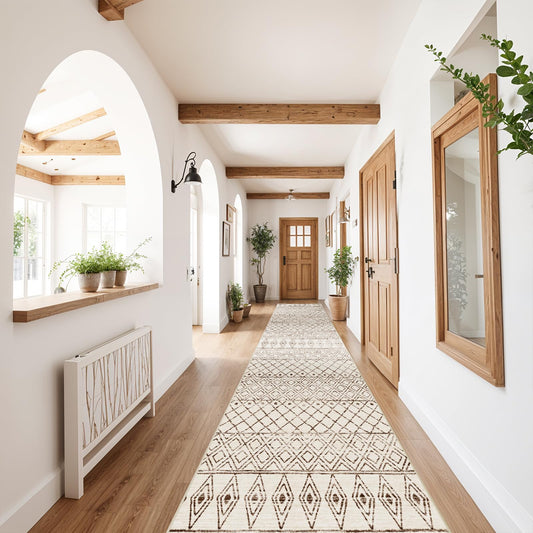 BYYVOO 2'6"x12' Hallway Runner Rug Moroccan - Machine Washable Runner Rugs Low Pile Rug with Rubber Backing Soft Long Floor Mat Non Slip Vintage Indoor Carpet for Bedroom Entryway 2'6"x12' Geo Beige