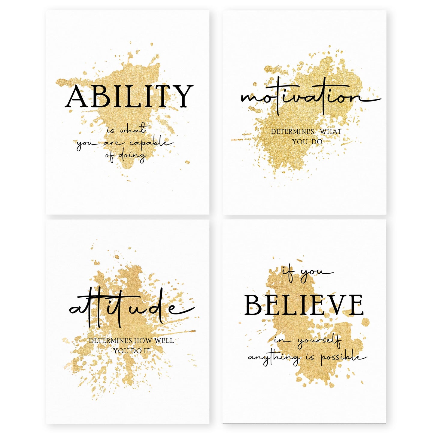HRQKO Office Gold Inspirational Wall Art Poster Prints Set of 4, Motivational Wall Art, Modern Gold Artwork Prints Posters Wall Decor, Affirmations Prints for Office Women Men 8”x10” Unframed