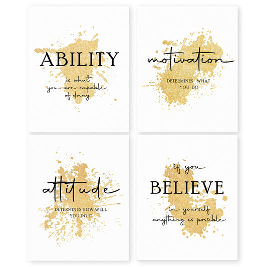 HRQKO Office Gold Inspirational Wall Art Poster Prints Set of 4, Motivational Wall Art, Modern Gold Artwork Prints Posters Wall Decor, Affirmations Prints for Office Women Men 8”x10” Unframed