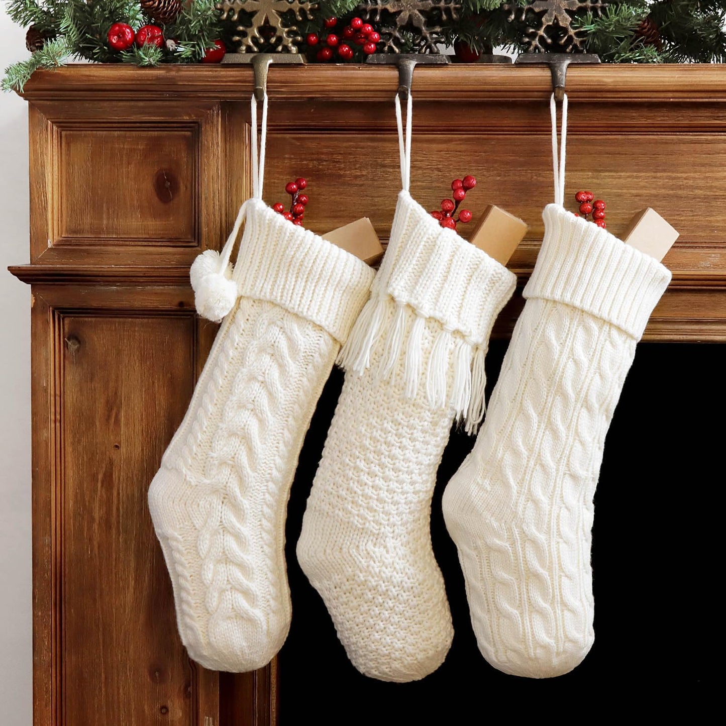 Personalized Christmas Stockings Cable Knit, 3 Pack 18 inches White Large Size Knitted Stockings, Rustic Christmas Ornaments Farmhouse Boho Style Stocking Decorations for Family Holiday Season Decor