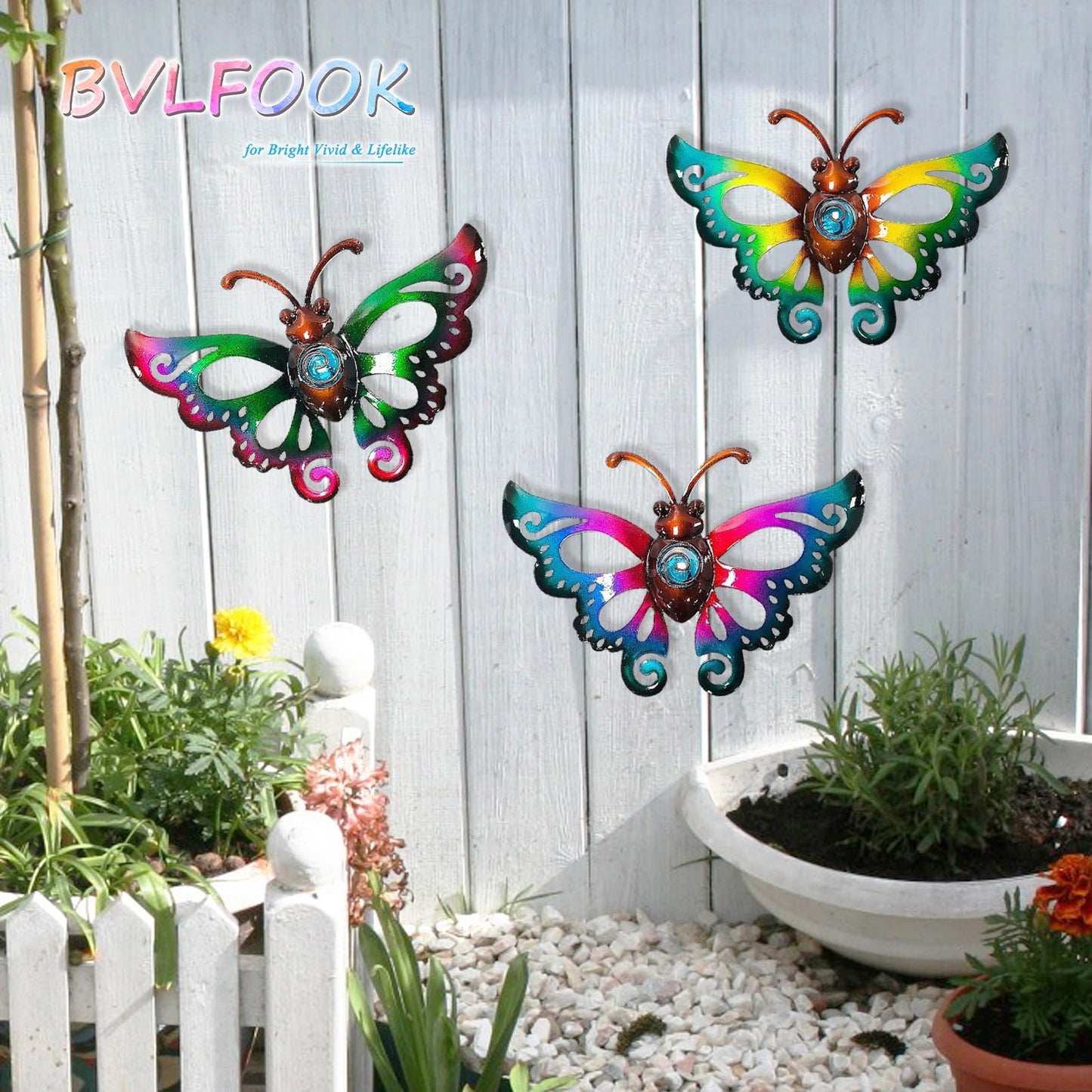 BVLFOOK Garden Decor Clearance Metal Butterfly Wall decor 3D Wall Art Hanging Valentine for Patio Fence, Set of 3, 9 inch, Indoor Outdoor Valentine Gift for Family