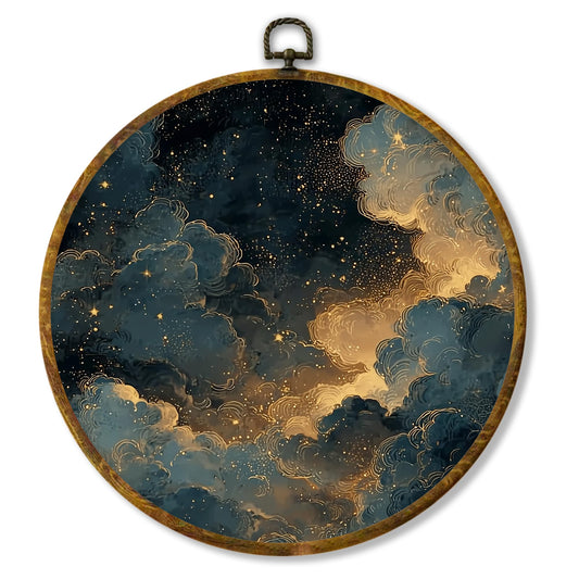 Hiuwevt Vintage Moody Gothic Celestial Round Wall Art Decor, Dark Academia Framed Canvas Prints, Blue Gold Starry Night Sky Round Wall Hanging Decor for Bedroom Home Decorations, 10x10 Inches