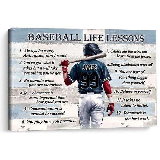 KiKiLuna Personalized Baseball Life Lessons Canvas, Custom Player Name Number Wall Art, Baseball Player Gift, Bedroom Canvas Decor, Baseball Memorabilia for Boys Teens