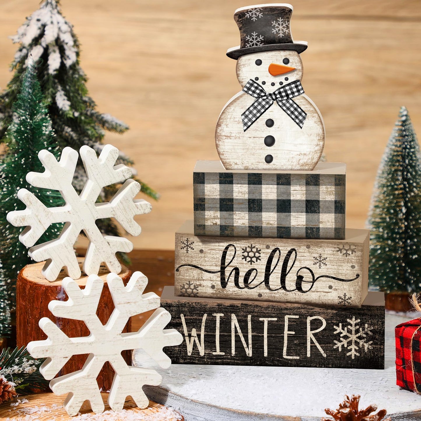 Colingmill 6 Pcs Snowman Christmas Decor Winter Table Decorations Winter Tiered Tray Decor Wooden Snowman Snowflake Signs Christmas Table Centerpiece for Farmhouse Home Kitchen Shelf Office Decoration