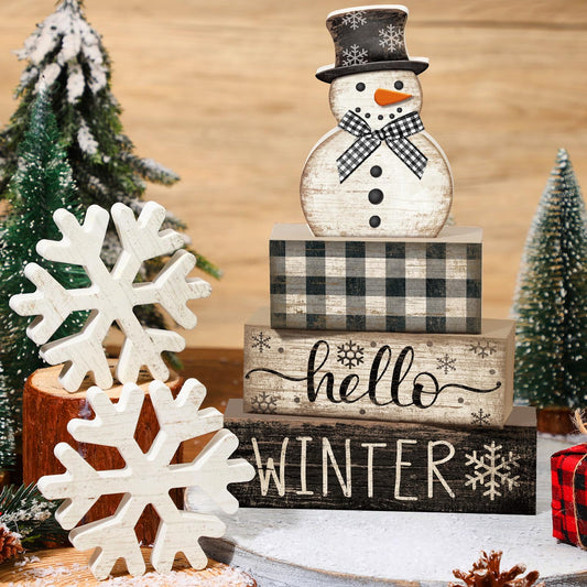 Colingmill 6 Pcs Snowman Christmas Decor Winter Table Decorations Winter Tiered Tray Decor Wooden Snowman Snowflake Signs Christmas Table Centerpiece for Farmhouse Home Kitchen Shelf Office Decoration