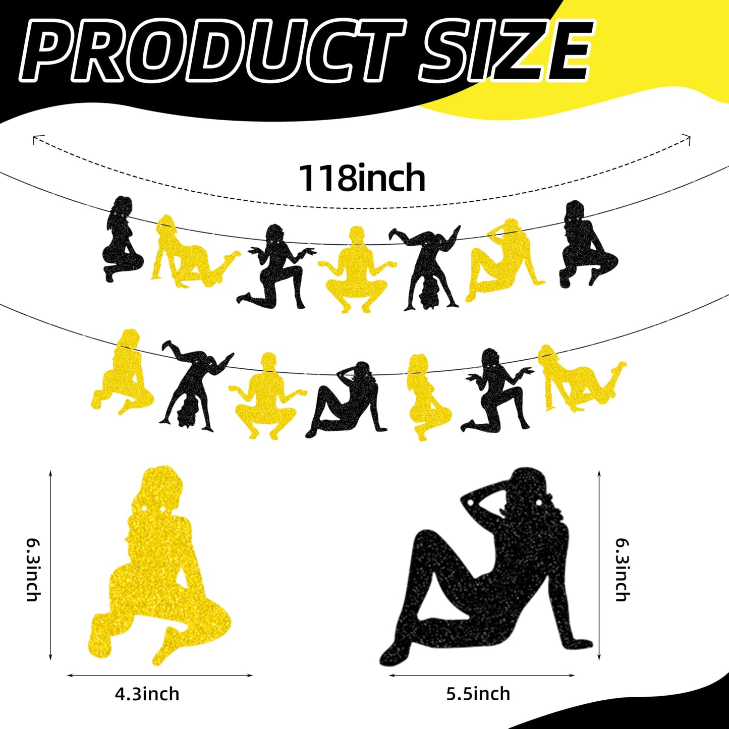 Black and Gold Women Silhouette Garland Banner, Hanging Glitter Dancer Cutouts for Bachelor, Birthday, Nightclub, and Party Decorations