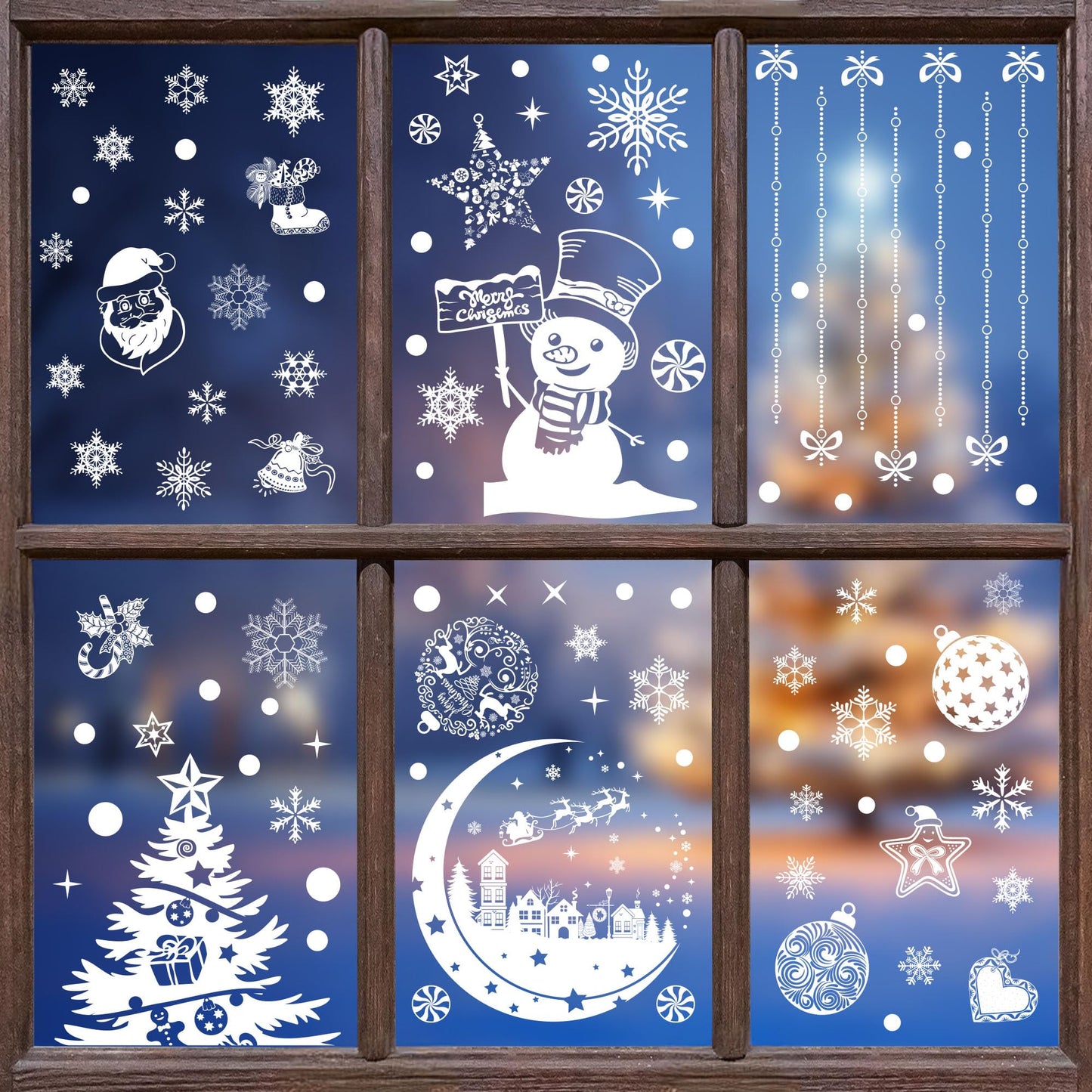 Joeyan Christmas Window Stickers, 9 Sheets Large Christmas Window Clings Decals White Double Sided PVC Snowflake Snowman Xmas Tree Scene Static Sticker for Christmas Decorations, 202 Pcs