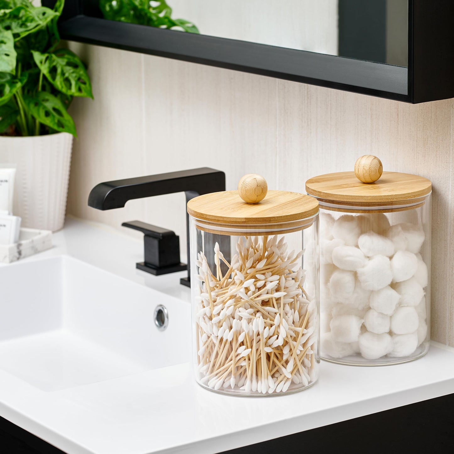 Le'raze 1 Gallon Glass Canister Set for Kitchen Counter with Airtight Bamboo Lids + Marker & Labels - of 2 Large Cookie Jars Wooden Lid, Food Storage Containers Pantry, Flour, Sugar, Pasta, Candy,