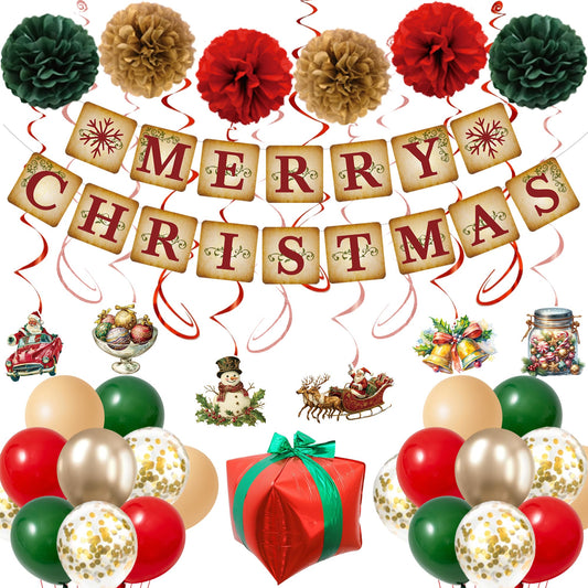 Roetyce Christmas Party Decorations, Vintage Merry Christmas Banner Balloons Hanging Swirls Kit Indoor Outdoor, Funny Home Xmas Party Supplies Photo Backdrop Background