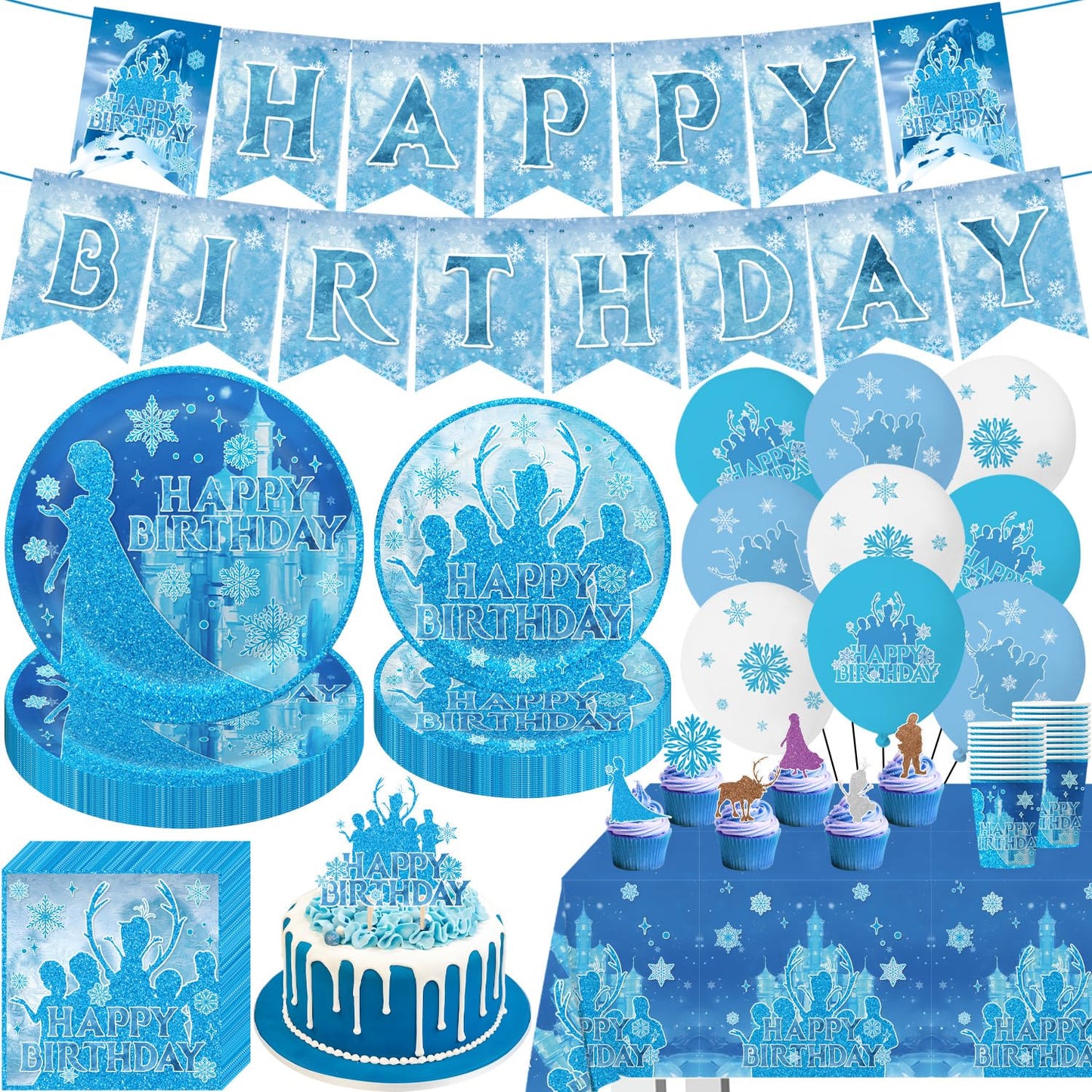 tetcuican 104Pcs Frozen Birthday Party Decorations, Snow Theme Party Supplies Set Include Banner, Balloons, Tablecloth, Cake Toppers, Cupcake Toppers, Plates, Napkins for Winter Birthday Decorations