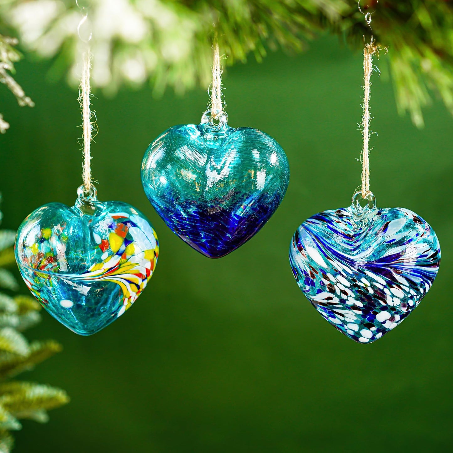 Set of 3 Handmade Glass Heart Ornaments 3.9 Inch Blue Friendship Heart Decor for Garden Home Centerpiece Gifts for Women
