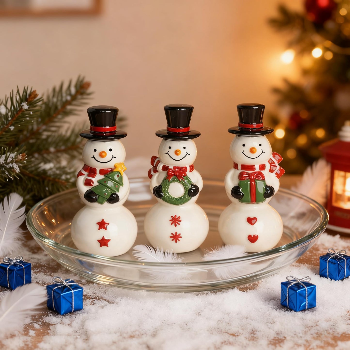 NEROSUN Christmas Snowman Figurines, Set of 3 Ceramic Cute Snowman Ornaments Christmas Decorations, Winter Table Centerpiece for Indoor Cabinet Mantel Fireplace Holiday Xmas Decor