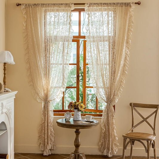 TUDECO Beige Lace Curtains 84 Inches Long - Vintage Ruffle Sheer Curtains for Living Room, Farmhouse Flowy Flower Rod Pocket Fluffy Aesthetic Art Decor 1 Pair, 59 x 84 Inch, Natural Beige