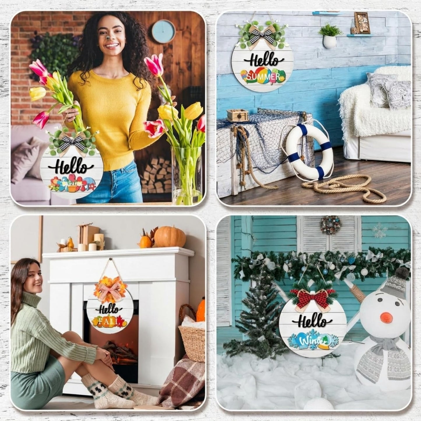 Burbell 21 Pcs Interchangeable Welcome Sign for All Holiday 4th of July Front Door Decor with 4 Bows, 4 Characters and 12 Changeable Icons Farmhouse Door Wall Wreath Home Decor Seasonal Wooden Sign