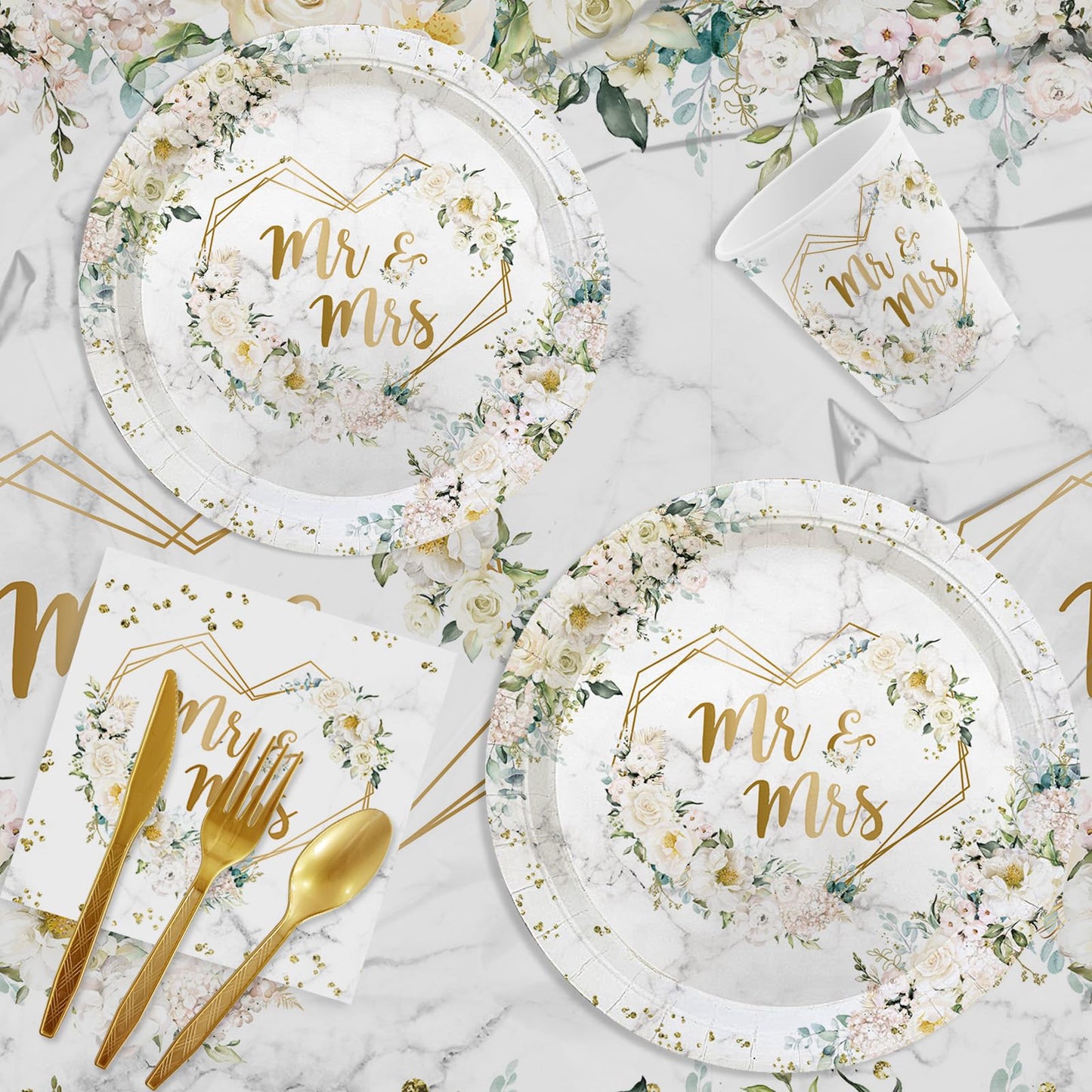 MEHOFOND 193 pcs White Wedding Party Decorations, Mr and Mrs Paper Plates Cup and Nakpins Set, Floral Wedding Disposable Dinnerware with Tablecloth, Bridal Shower Disposable Party Supplies, 24 Guests