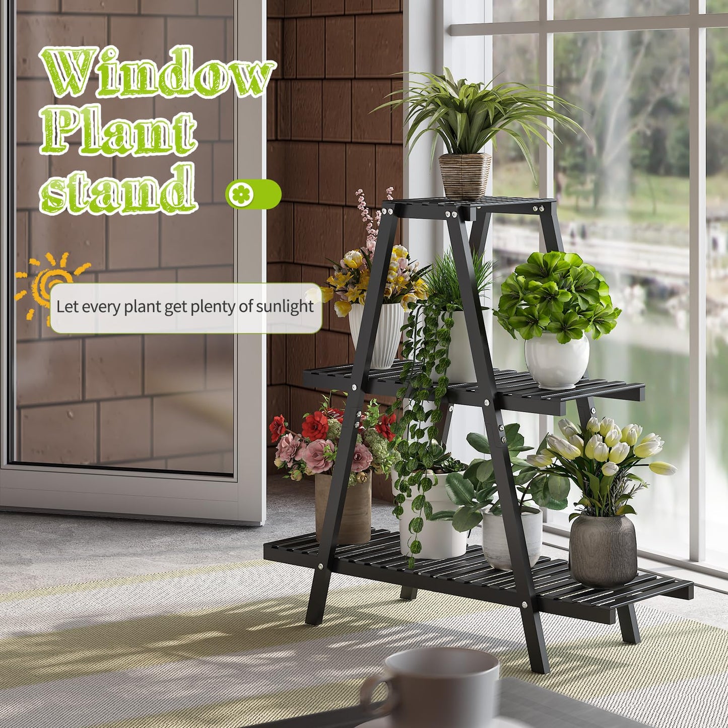 BMOSU Plant Stand Bamboo for Indoor Outdoor Tiered Plant Shelf 8 Potted Flower Holder Ladder Rack Garden Balcony Living Room Patio(3 Tier Black)