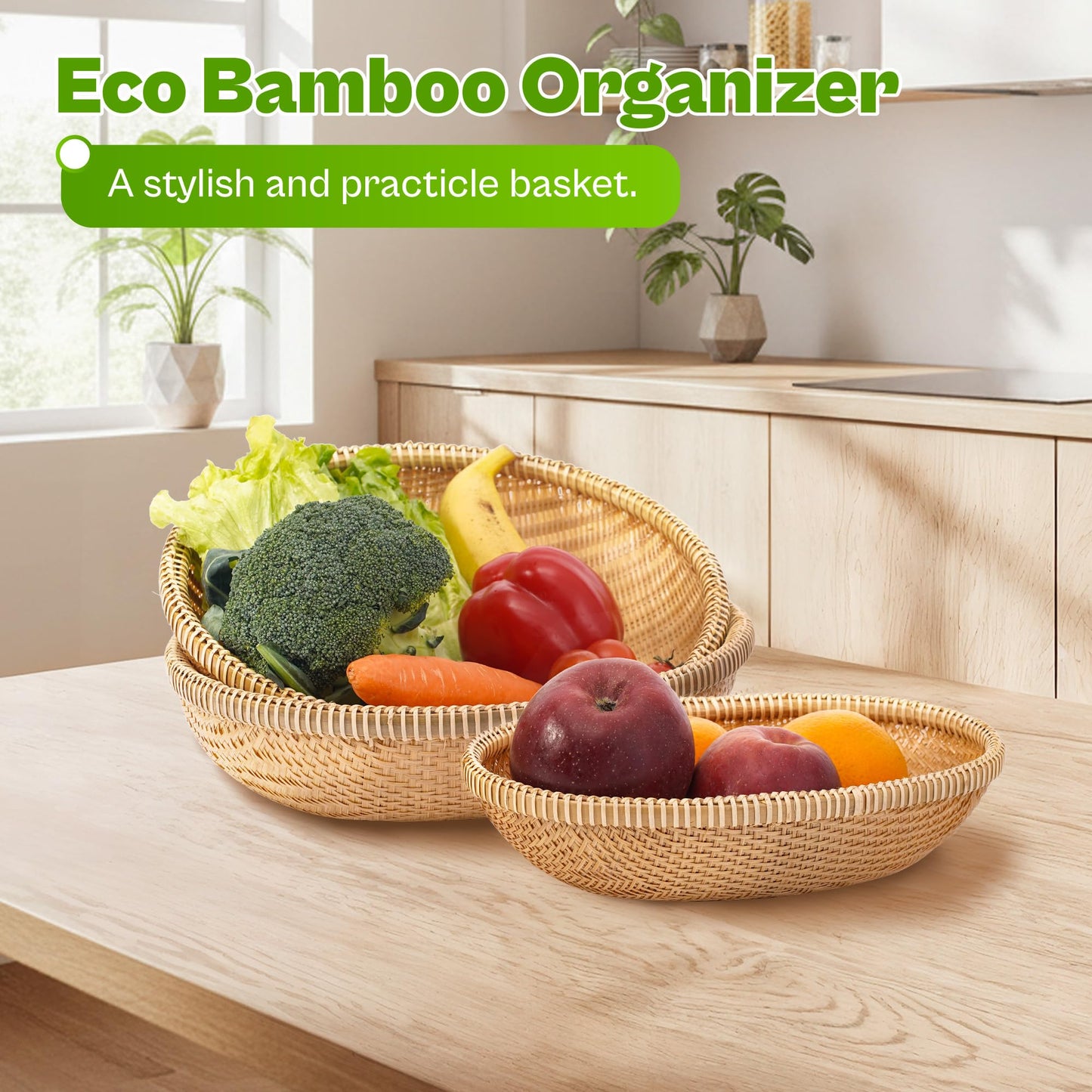DaviGreen Set of 3 Handwoven Bamboo & Rattan Baskets – Woven Bread Basket & Fruit Bowl for Kitchen Counter, Decorative Wicker Tray for Serving Snacks, Pastries & Table Centerpiece