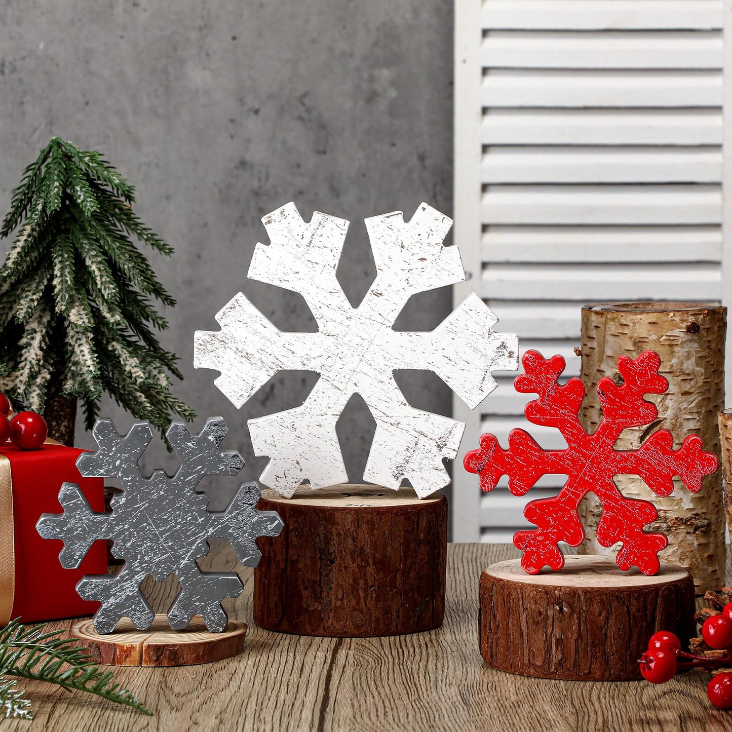 Bucherry 3 Pcs Winter Wooden Snowflake Decor Rustic Winter Snowflake Table Signs Wonderland Wood Blocks Farmhouse Christmas Tiered Tray Decorations for Xmas Table Shelf(Gray, Red, White)