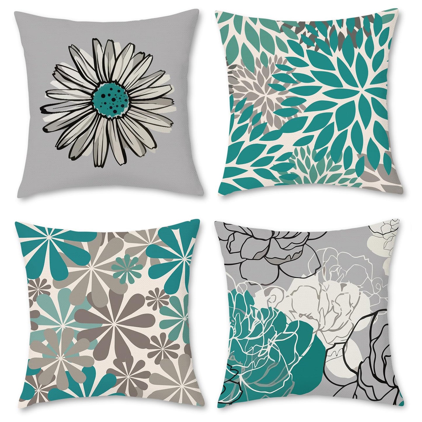 Hopomoon Green Pillow Covers 18x18 Set of 4,Gray and Green Modern Daisy Floral Pillowcases White Linen Square Cushion Covers for Living Room Sofa Bedroom