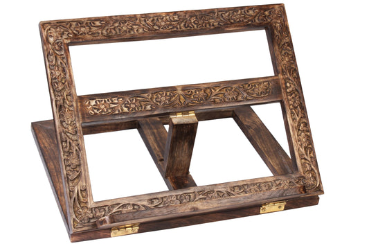 Mother’s Day Adjustable Wooden Book Stand, Handmade Quran Bible Geeta Cookbook Holder, Folding Reading Display Stand, Carved Prayer Rihal Rest, Recipe Book Holder, Gifts for Mom