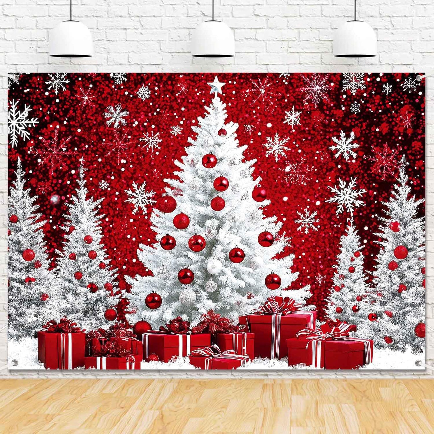 LDWLYW Snowy Christmas Backdrop Merry Christmas Holiday Birthday Party Decorations Banner Large Red White Snow Xmas Tree Winter Photography Background Wall Decor Photo Props 5x3ft