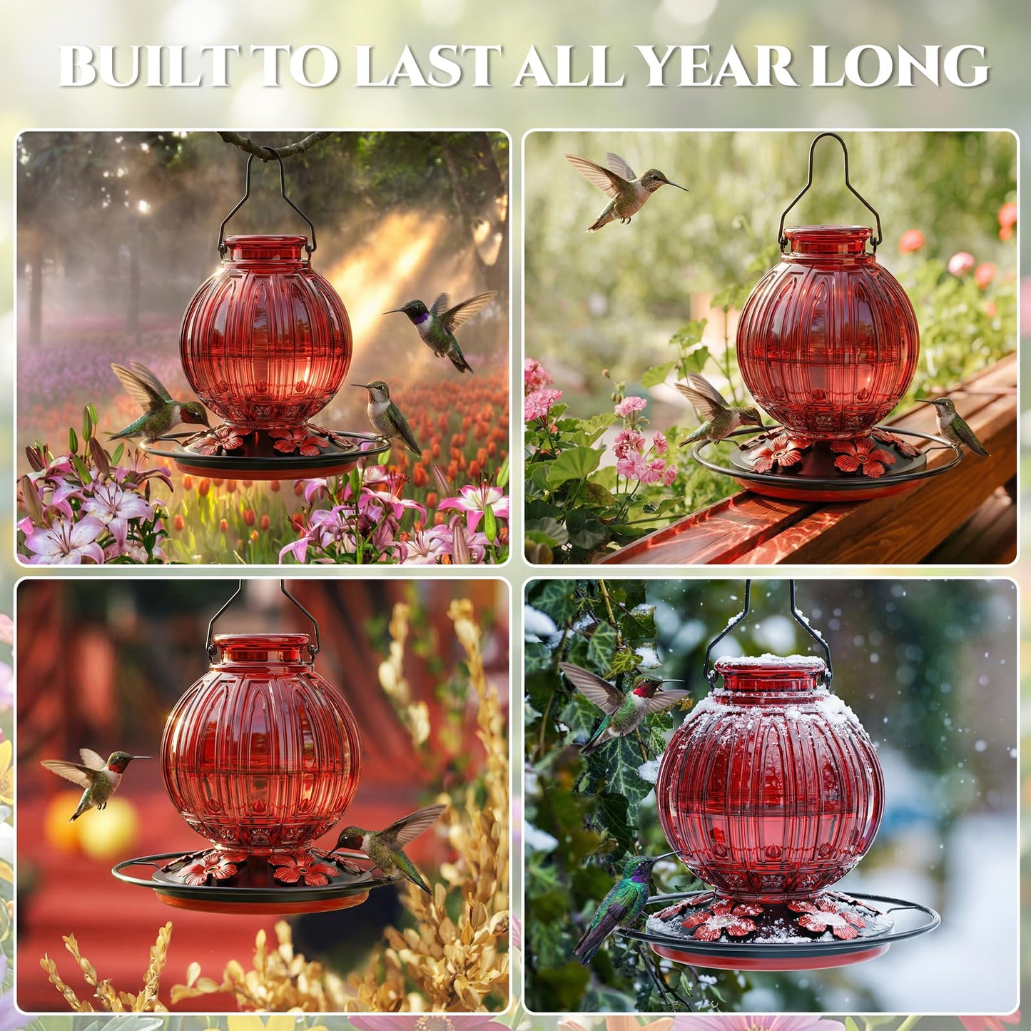 Glass Hummingbird Feeder for Outdoors Hanging, 26Oz Bird Nectar Feeder with Perch & 5 Flower Feeding Ports, Leak Proof for Outside Garden Decor Backyard, Gifts for Women Mom, Red